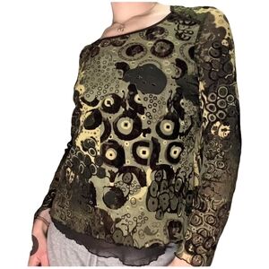 Tribal Olive, Black & Pale Yellow Patterned Long-Sleeve Top Grunge Fairycore